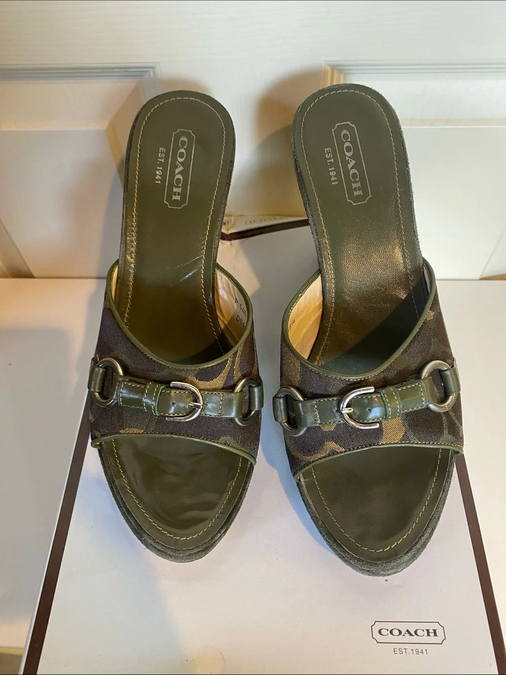 COACH Olive Signature Canvas Slide Mules with Buckle Detail Rare
